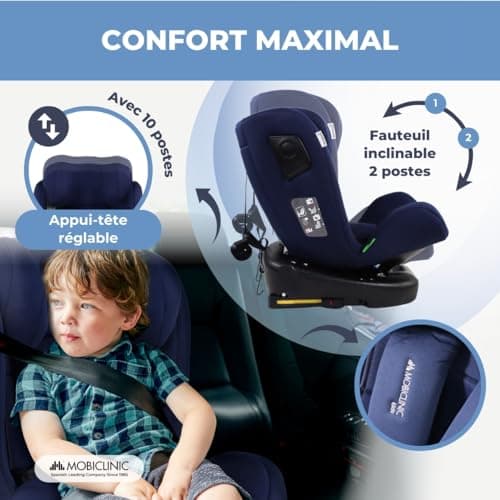 Mobiclinic® Siège Auto Pivotant 360º Regulation i-size Top Tether, Groupe 0/1/2/3 Evolutif 0-12 ans Harnais 5 points Inc