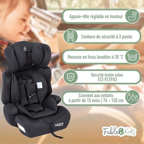 Siège auto FableKids pour enfants noir 76-150 cm ECE R129/03 44,5x41x68-75cm
