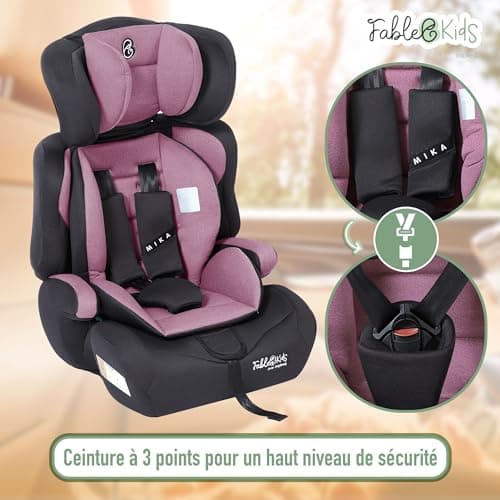 Siège auto FableKids pour enfants gris, ceinture de sécurité 3 points, adapté de 15 kg à 150 cm, ECE R129/03, réglable 4