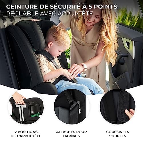 Kinderkraft SAFETY-FIX2 I-SIZE Siege sécurité auto 9 à 36kg pour 15 mois à 12 ans Noir Isofix profond Appui-tête réglabl