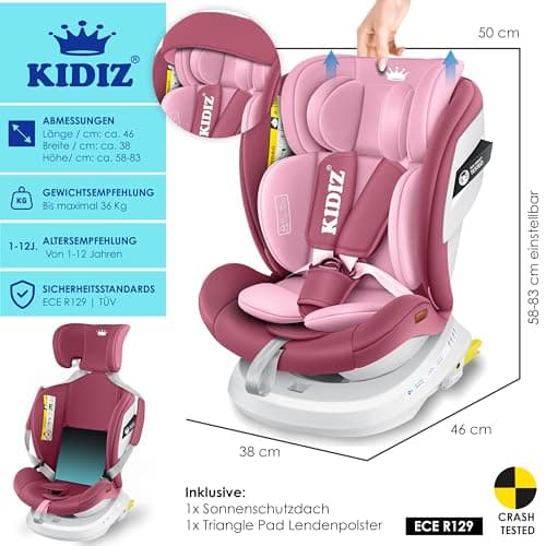 KIDIZ® Siège auto pour enfant Isofix Top Tether | Siège auto pour bébé pivotant à 360° | Avec pare-soleil (Rose)