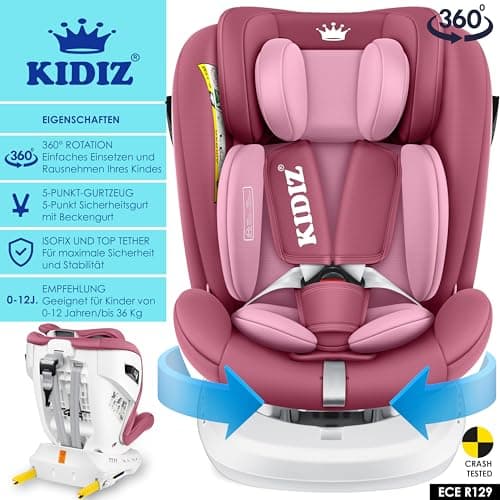 KIDIZ® Siège auto pour enfant Isofix Top Tether | Siège auto pour bébé pivotant à 360° | Avec pare-soleil (Rose)