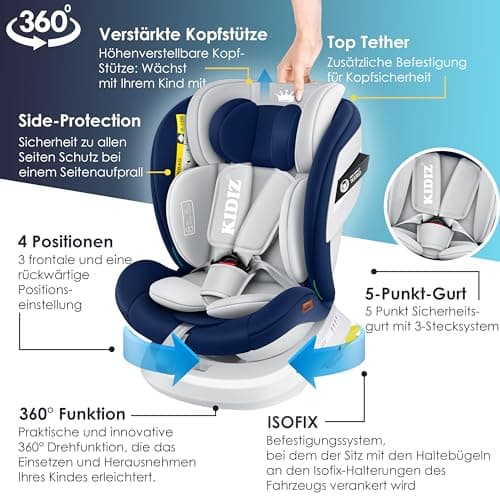 KIDIZ® Siège auto ISOFIX Top Tether pour enfant | Siège auto pour bébé pivotant 360° | Groupe 0/1/2/3, dès la naissance,