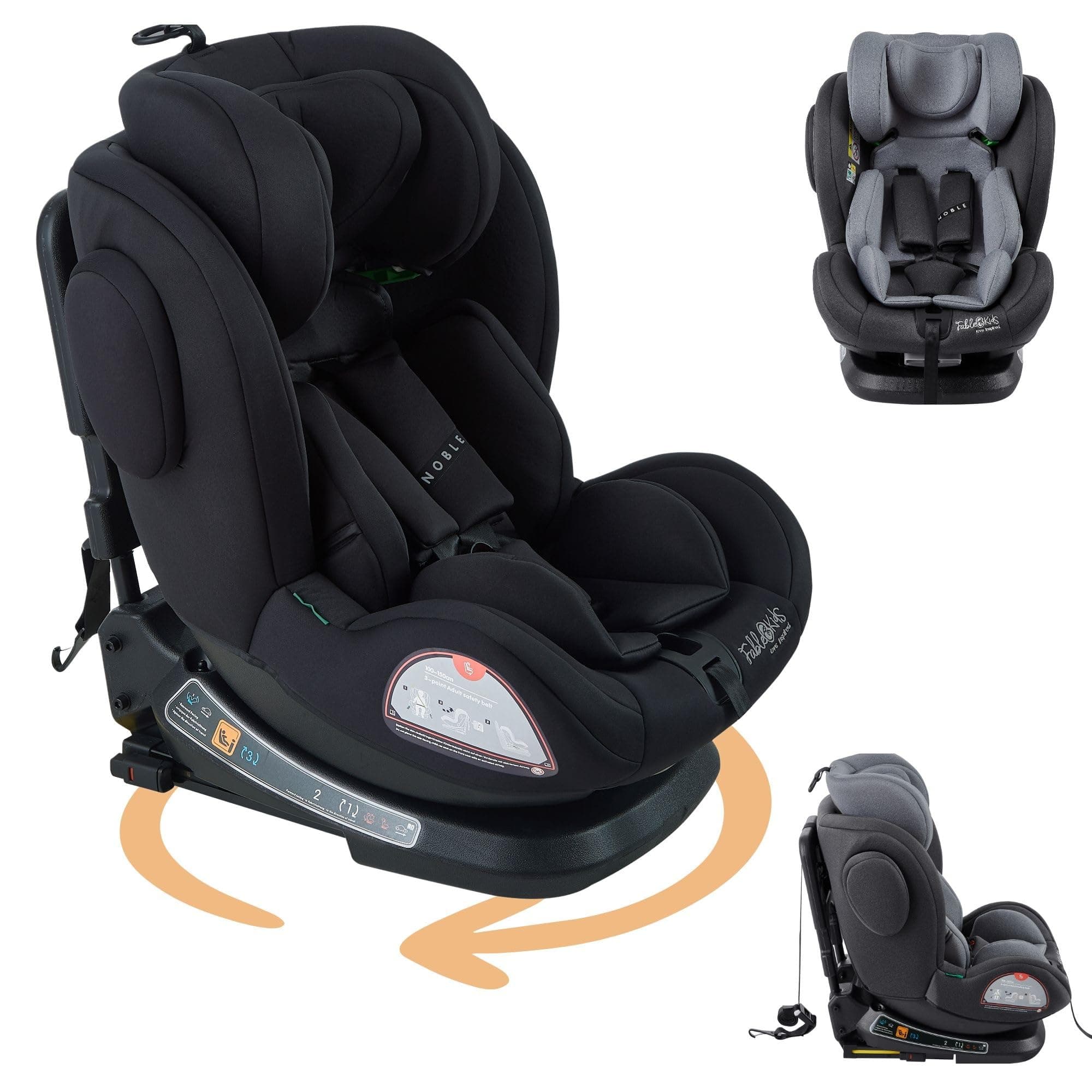 Siège auto FableKids pour enfants ECE R129/03 - Noir | Isofix 360° | Ceinture de sécurité 5 points | Appuie-tête régulie