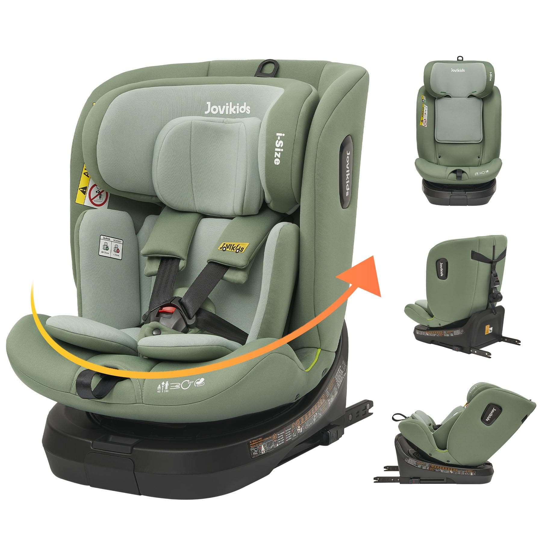 Jovikids Siege Auto i-Size, ISOFIX pour Bébé de 0 à 12 Ans, ECE R129, 360° Pivotant, 12 Positions d'Appui-tête (Vert)