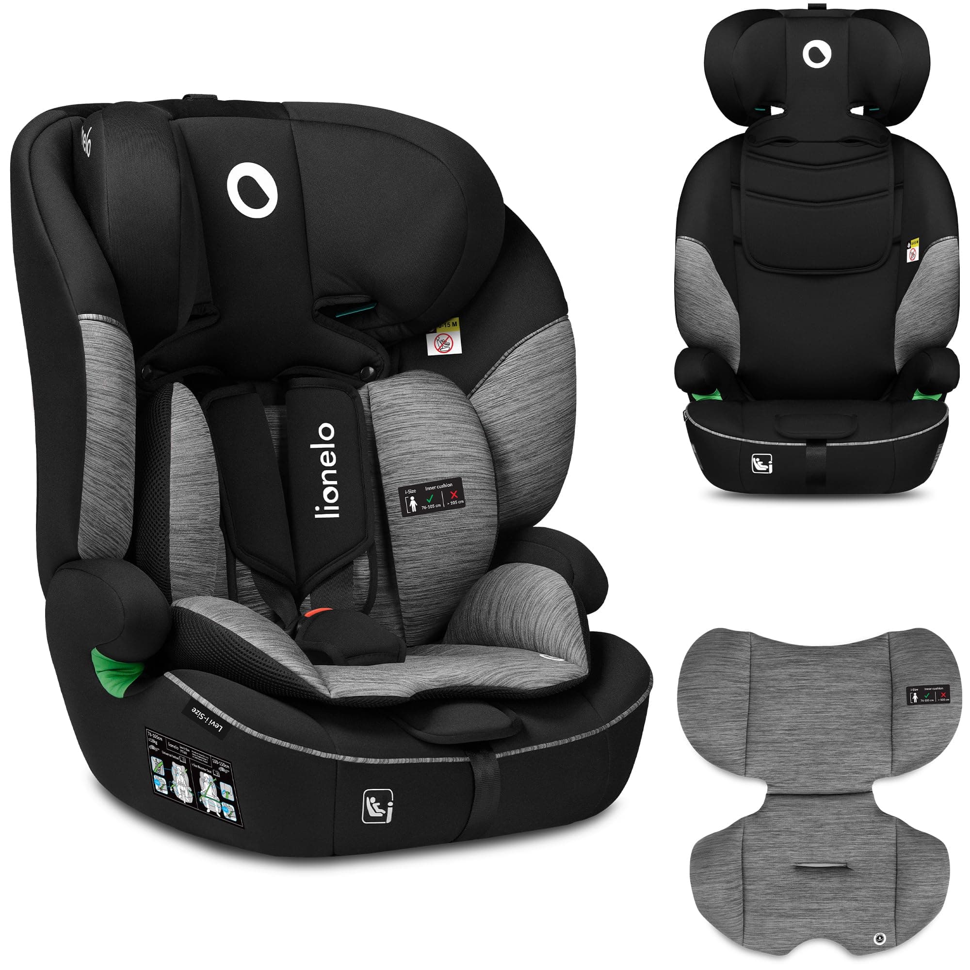LIONELO Levi One Siege Auto Gris-Noir 3-En-1 Protection Latérale Protection Tête Ceinture 5 Points Appui-Tête Réglable D