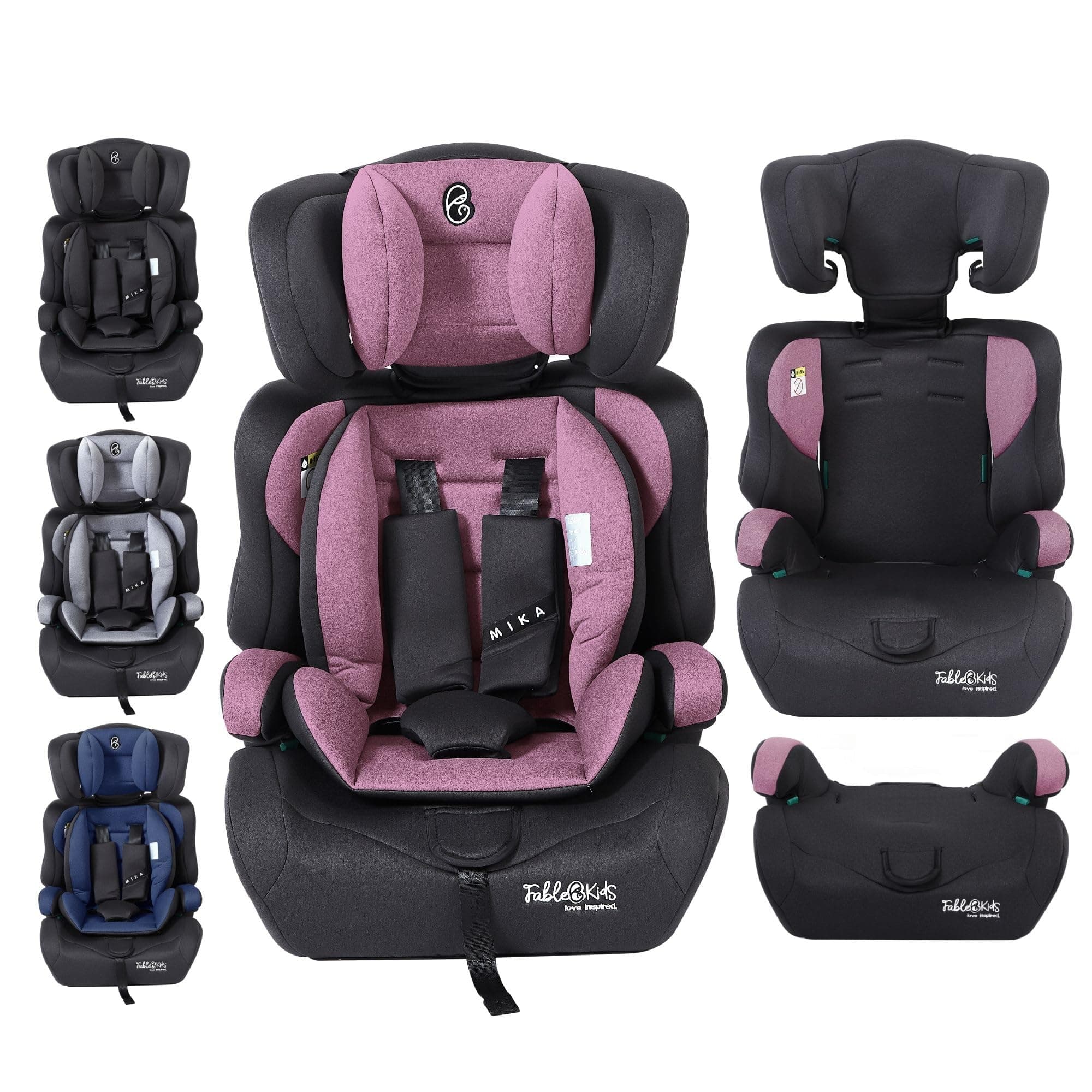 Siège auto FableKids pour enfants gris, ceinture de sécurité 3 points, adapté de 15 kg à 150 cm, ECE R129/03, réglable 4