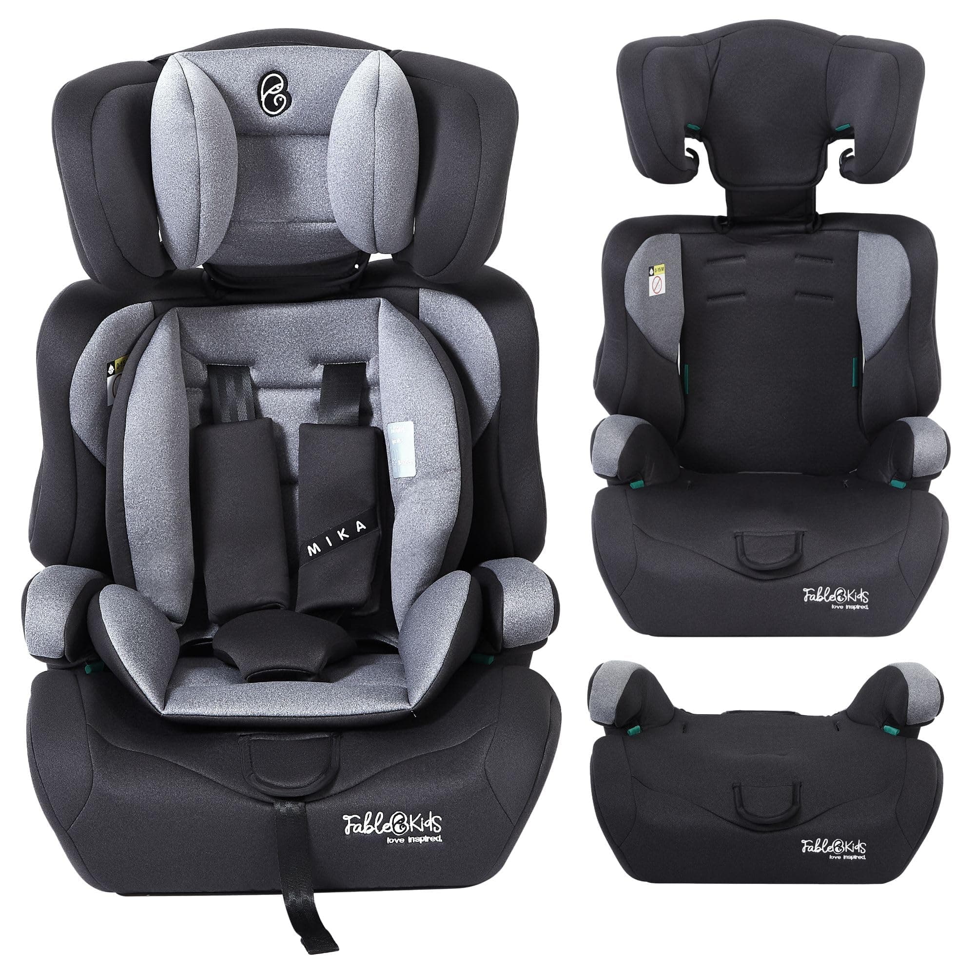 Siège auto FableKids pour enfants gris, ceinture de sécurité 3 points, 76-150 cm, appui-tête réglable, ECE R129/03, 44,5