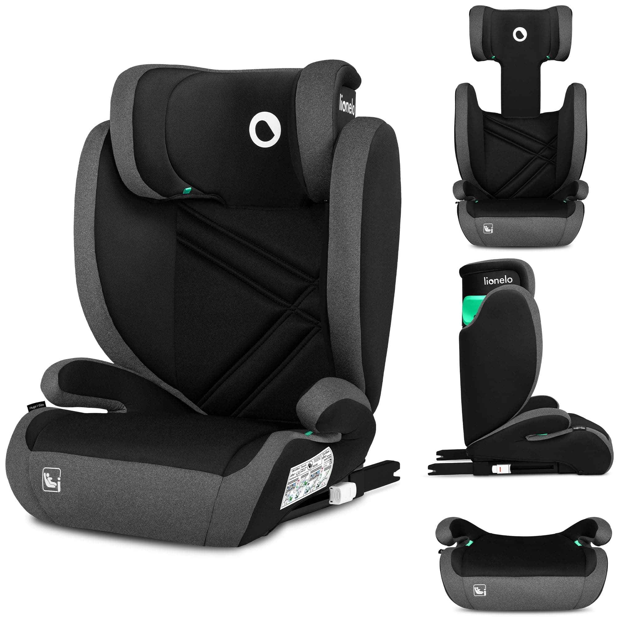 LIONELO HUGO I-SIZE | Siège Auto Enfant Groupe 2-3 Haute Sécurité ISOFIX (BLACK GREY)