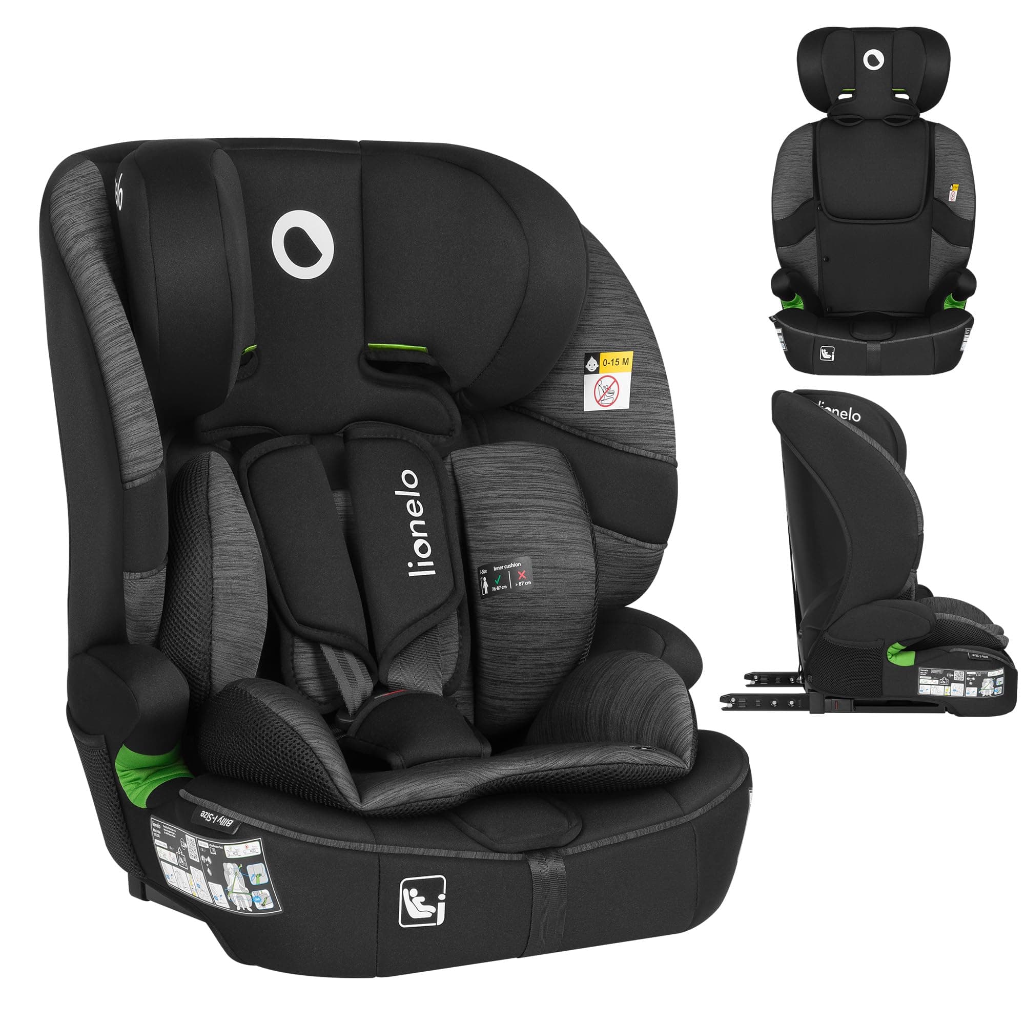 LIONELO LO-BILLY I-SIZE Siège auto bébé gris pour enfant de 15 mois à 12 ans, installation ISOFIX et ceinture de voiture